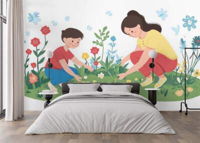 A mother and son are planting a flower in a garden, surrounded by blooming flowers. Wall mural