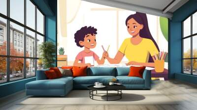 A mother and son sit at a table and color together. Wall mural