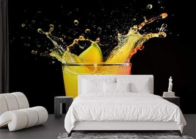 A refreshing orange and red drink with a splash of mango. The drink is in a glass and the splash is frozen in time. The background is black. Wall mural