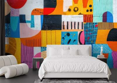 A vibrant and abstract mural featuring bold geometric shapes and a playful color palette. Wall mural