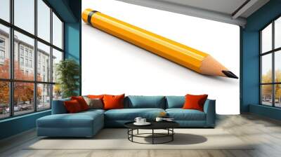 A yellow sharpened pencil. The pencil is lying on a white surface. The pencil is made of wood and has a black lead. The pencil is about 6 inches long. Wall mural