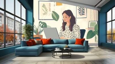 A young woman working on her laptop in a cozy home office, surrounded by plants and artwork. Wall mural