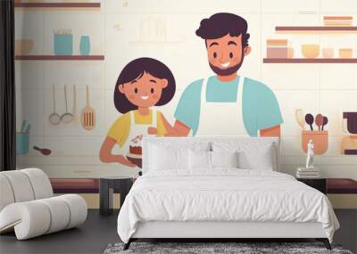 An illustration of a father and daughter baking a cake together in the kitchen. Wall mural