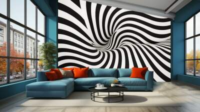 Black and white striped pattern. Abstract 3D rendering of a striped surface with a twist. Wall mural