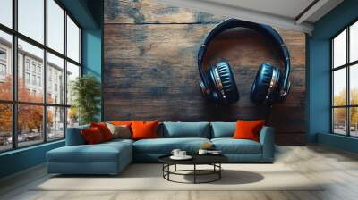 Black headphones on a rustic wooden surface. Wall mural