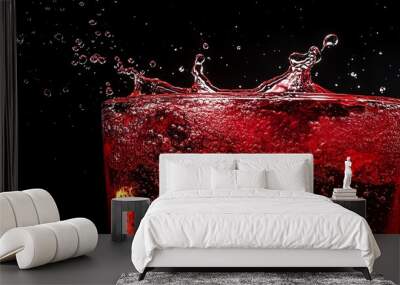 Close-up of a splash of red liquid in a glass against a black background. Wall mural