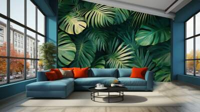 Lush green tropical leaves background. Wall mural