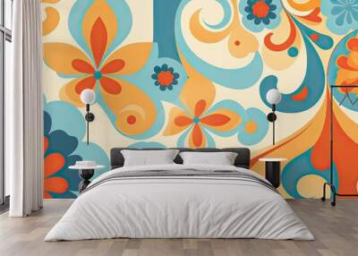 Retro floral groovy pattern. Vintage 70s style. Seamless vector repeat. Wall mural