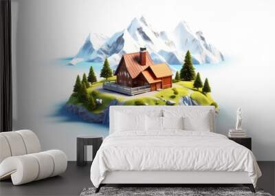 Small cozy house on the island with pine trees and mountains in the background. Wall mural