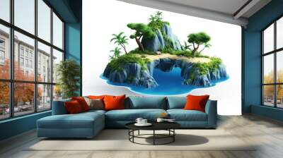 Small tropical island with blue water. There are three palm trees, two rocks, and some grass on the island. Wall mural