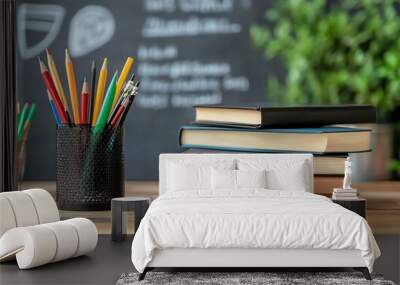 Stack of books and pencils on a wooden desk in a classroom. Wall mural