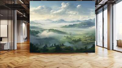 The green hills are carpeted in lush greenery and the river winds its way through the valley. The sky is a clear blue and the sun is shining brightly. Wall mural