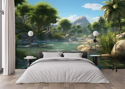 The image is a beautiful landscape of a jungle river. The water is crystal clear and reflects the lush green vegetation on the banks. Wall mural