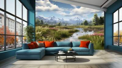 The image is of a beautiful landscape with a river running through it. The river is surrounded by green grass and flowers. Wall mural