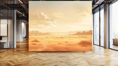 This is a beautiful landscape of a desert. The foreground is a vast expanse of sand, with a few hardy bushes dotting the landscape. Wall mural