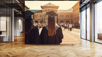 Two female graduates in cap and gown walk away from the camera in a university setting. Wall mural