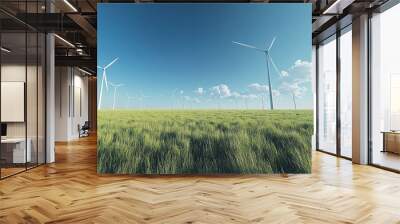 Wind turbines in a field of grass under a blue sky. Wall mural