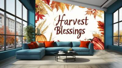 A decorative autumn-themed illustration with pumpkins and leaves, celebrating harvest. Wall mural