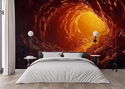 A fiery river of lava flows through a dark, volcanic cave, leading to a bright, glowing opening. Wall mural