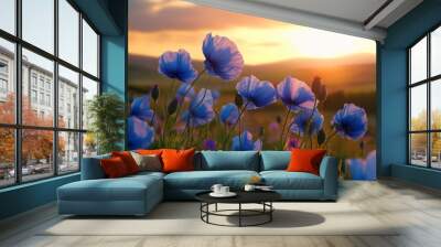 A serene sunset scene featuring vibrant blue flowers in a lush landscape. Wall mural