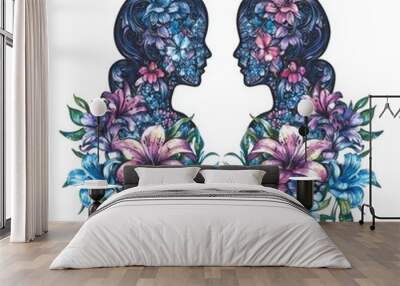 A symmetrical floral design depicting two intertwined profiles. Wall mural