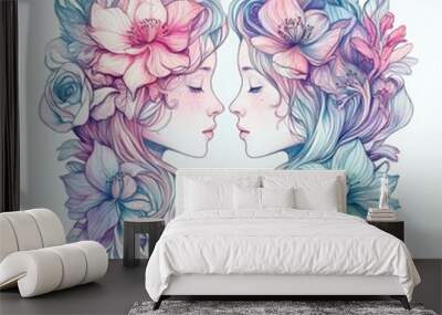 Two ethereal faces surrounded by colorful flowers in a harmonious design. Wall mural