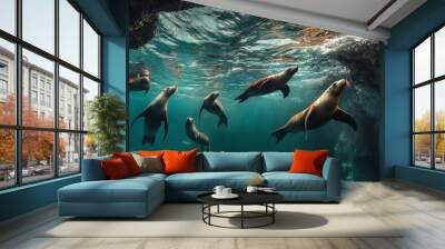 Underwater scene featuring sea lions swimming gracefully. Wall mural