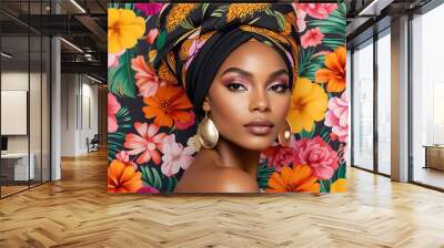 Black woman in African turban, flower background, floral aesthetic. Natural cosmetics female model in traditional head wrap. Fashion and beauty stylish Wall mural