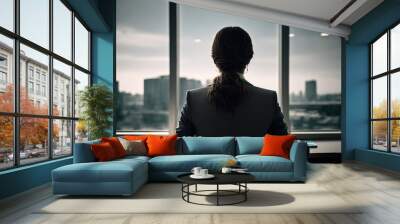 A business woman looking at the city from her office, Generative AI Wall mural