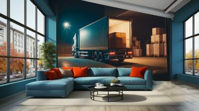 Modern truck filled with shipping boxes in a warehouse bay: logistics and delivery, Generative AI Wall mural