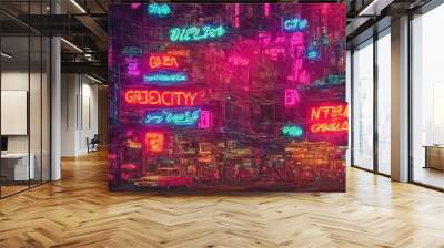 Cyberpunk city, Glowing neon sign and vintage car with a lot of people around chaos street give feeling back to 70s art designed by Stable Diffusion Generative AI. Wall mural