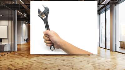 Hand hold an adjustable width metal silver wrench isolated on white background Wall mural