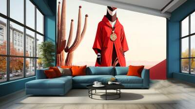 Anthropomorphic Okapi Fashion Icon in Vibrant Desert Landscape | This striking digital artwork depicts an anthropomorphic Okapi wearing a bold, fashionable red robe against a vibrant red desert b Wall mural