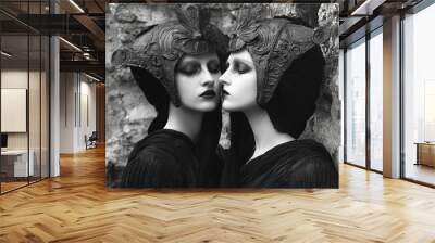 Elegant Darkness. A photograph capturing two figures in gothic costumes with detailed face paint and feathered headpieces. Wall mural