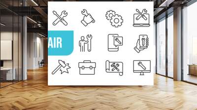 Set of line icons related to repair, screwdriver, engineer, support, setup. Outline icons collection. Editable stroke. Vector illustration. Wall mural