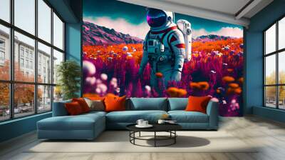 Astronaut picking beautiful flowers on a mesmerizing alien planet. space themed galaxy moments of a space mans life. room for copy space and print inspiring wanderlust for those who love to travel  Wall mural