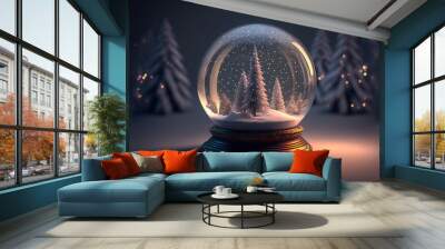 Beautiful snow globe with snowy landscape and trees on a Christmas themed background copy space	 Wall mural