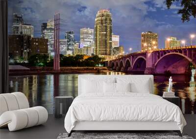 urban skyline along the river at night Wall mural