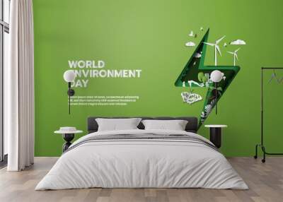 World Environment Day, green city save planet of people and living things and energy concept, paper illustration and 3d paper. Wall mural