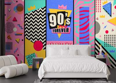 90s and 80s poster. Retro style textures and alphabet mix. Aesthetic fashion background and eighties graphic. Pop and rock music party event template. Vintage vector poster, banner. Wall mural