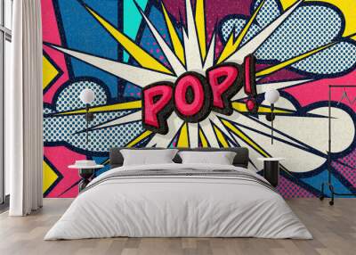 Pop! Pop art funny comic speech word. Fashionable poster and banner. Social Media Connecting Blog Communication Content. Trendy and fashion color retro vintage illustration background. Easy editable. Wall mural