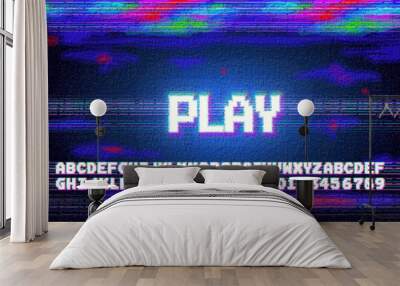 vector play alphabet letters font phrase in pixel art style with screen glitch vhs effect. 80's and  Wall mural