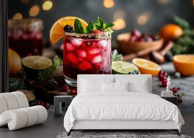 A holiday-themed red cocktail adorned with sugared berries, holly, and festive decorations, set against a warm, bokeh-lit background for Christmas celebrations.
 Wall mural