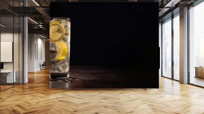 Horizontal banner with space for text. Alcoholic drink. Glass goblet with transparent drink and slice of lemon on wooden table on dark background. Vodka, gin tonic. Carbonated lemonade. Copyspace	 Wall mural