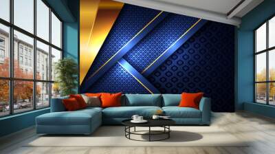 Elegant gold light polygonal on blue geometric banner. Luxury dark lines with paper material layer with golden stripe background Wall mural