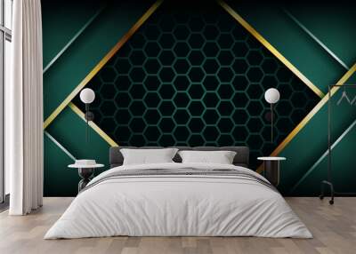 Luxury dark green overlap background with realistic gold line and hexagon on shiny golden Wall mural