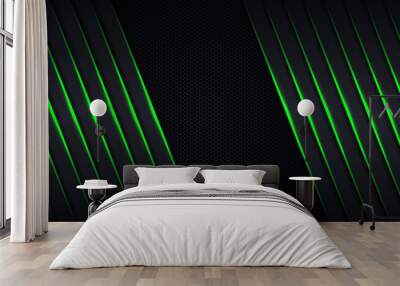 Modern abstract futuristic hexagon carbon fiber and glowing light green luminous lines in black dark room technology background Wall mural