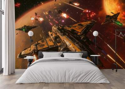 Epic space battle with spaceships and fiery explosions. Wall mural