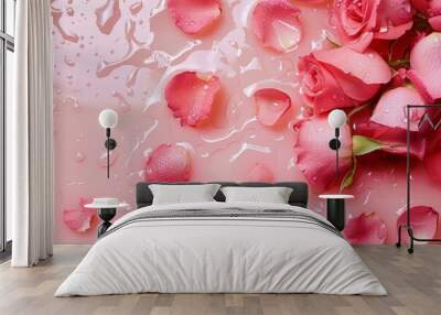 Beautiful rose petals in water on pink background, top view. Wall mural