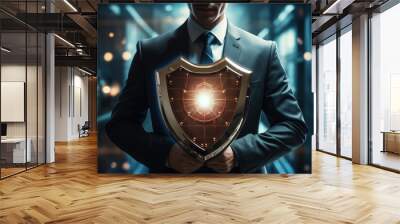 Businessman holding shield protect icon Wall mural